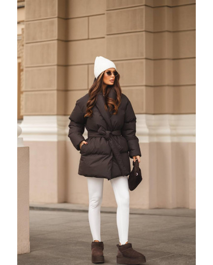 19 Пуховик подовжений з шалевим коміром з поясом