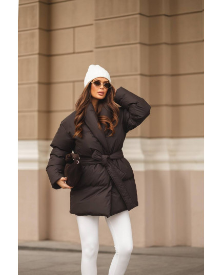 19 Пуховик подовжений з шалевим коміром з поясом