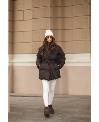 19 Пуховик подовжений з шалевим коміром з поясом