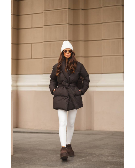 19 Пуховик подовжений з шалевим коміром з поясом