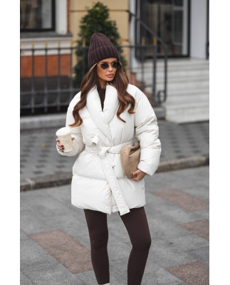 19 Пуховик подовжений з шалевим коміром з поясом