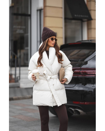 19 Пуховик подовжений з шалевим коміром з поясом