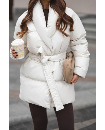 19 Пуховик подовжений з шалевим коміром з поясом