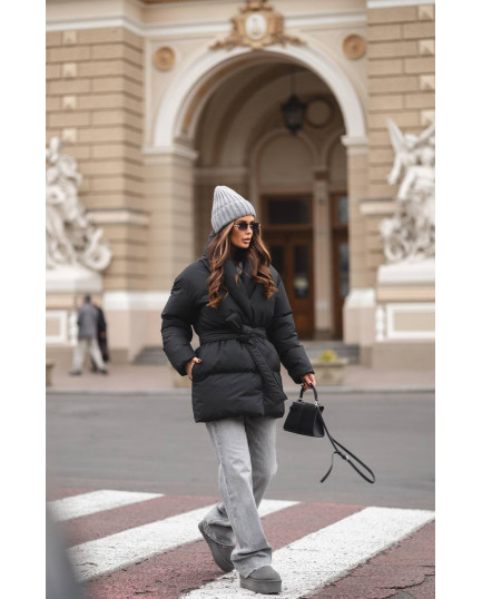 19 Пуховик подовжений з шалевим коміром з поясом