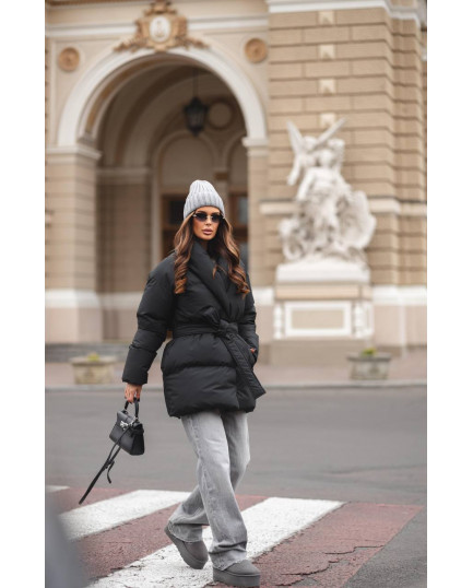 19 Пуховик подовжений з шалевим коміром з поясом