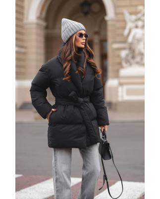 19 Пуховик подовжений з шалевим коміром з поясом