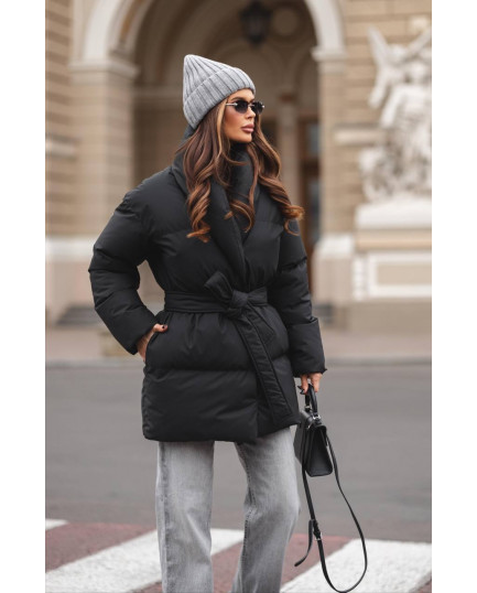 19 Пуховик подовжений з шалевим коміром з поясом