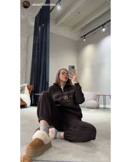 60/1 спортивний костюм на флісі з вишивкою кофта з блискавкою з коротким комірцем і штанами на резинці