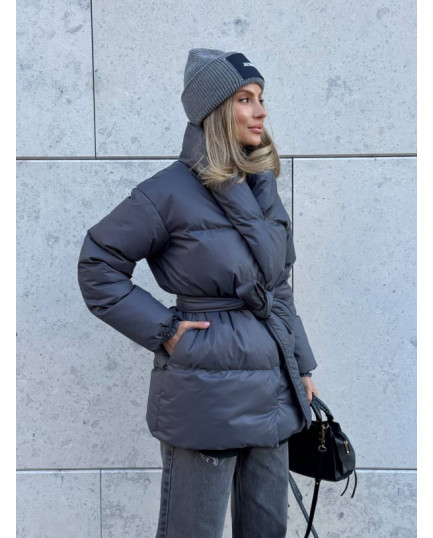 19 Пуховик подовжений з шалевим коміром з поясом