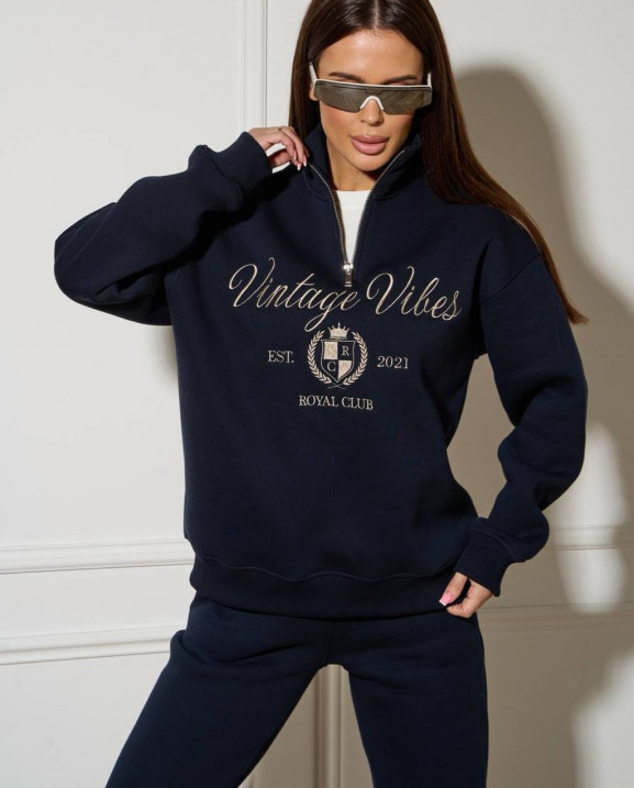 60/1 спортивний костюм на флісі з вишивкою кофта з блискавкою з коротким комірцем і штанами на резинці