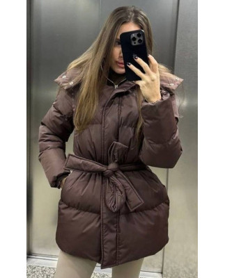 66 Пуховик з Капюшоном на блискавці водовідштовхувальний з поясом