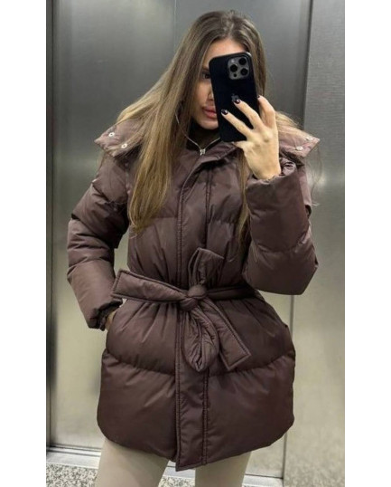 66 Пуховик з Капюшоном на блискавці водовідштовхувальний з поясом