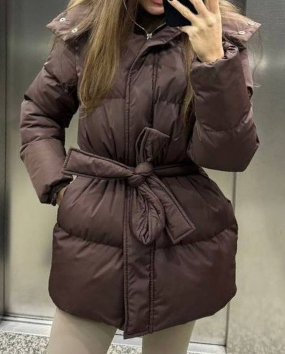 66 Пуховик з Капюшоном на блискавці водовідштовхувальний з поясом