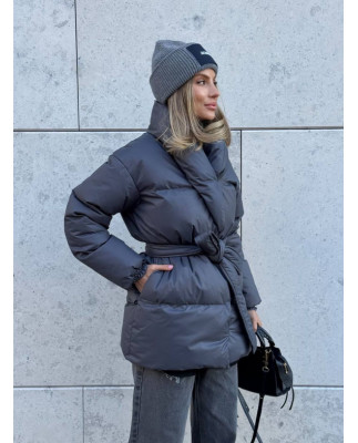 19 Пуховик подовжений з шалевим коміром з поясом